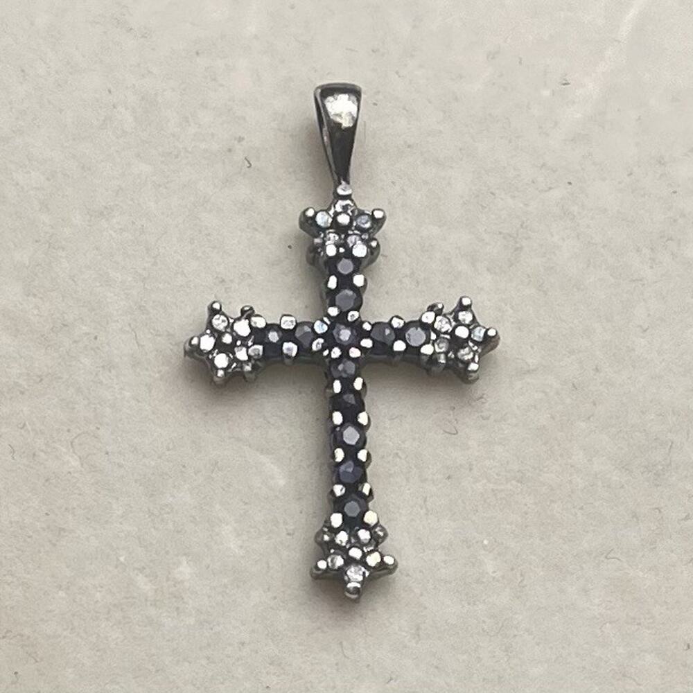 Vintage Ross Simons Sterling Silver 925 Cross Lab Sapphire Diamond Pendant